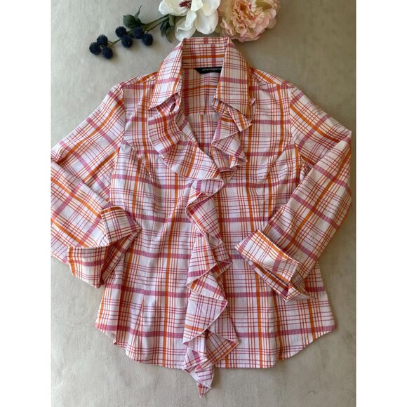 Sharagano Womens Ruffled Retro Madras Plaid Button Shirt M Preppy Cottagecore - Picture 1 of 10